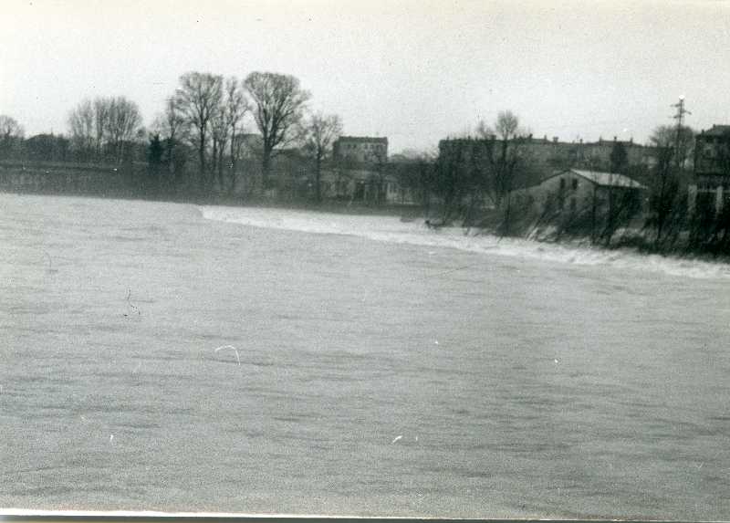 Fiume Isonzo in piena, Gorizia. Tratto d'argine a monte del ponte ferroviario